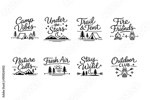 Camping adventure emblems: outdoor vibes and nature icons