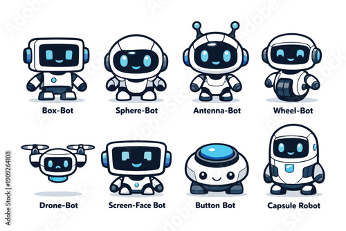 A group of cute cartoon robots with different designs and features standing together