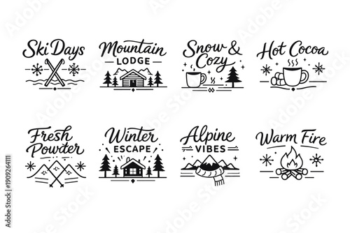 Winter-themed vintage labels: skiing, cozy snow, alpine vibes, hot cocoa, mountain lodge