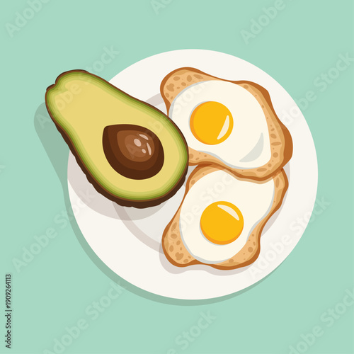 Illustration of avocado with fried eggs, breakfast	