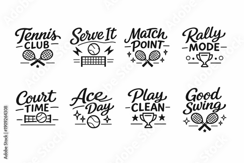 Tennis-themed label set with racket, ball, and trophy designs