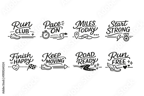 Motivational running slogans with running shoes and icons