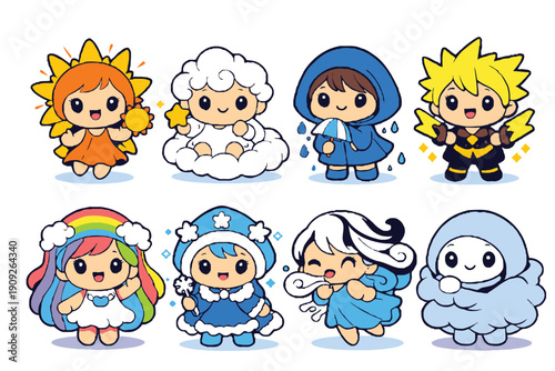 A group of cute cartoon characters dressed in various colorful costumes and accessories