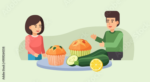 A man and woman discuss muffins and vegetables on a pastel background