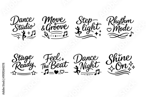 Dance studio icons with music notes and decorative elements