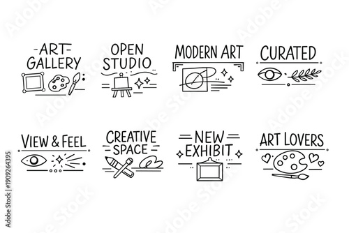Creative art gallery icons set with themes of modern art, studio, and exhibition