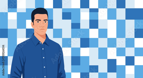 A man in a blue collared shirt stands against a mosaic of blue and white squares