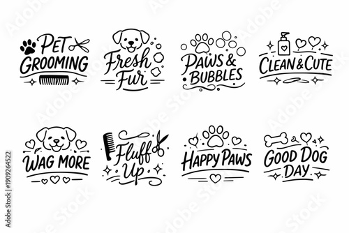 Pet grooming icons: fresh fur, paws bubbles, clean cute designs