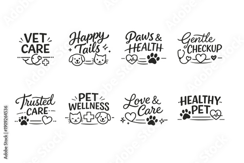 Pet wellness icons: vet care, happy tails, health, checkup, trusted care