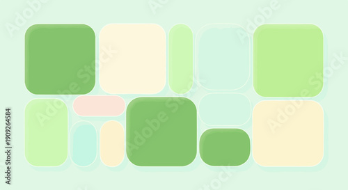A pastel-colored mosaic of rounded rectangles and squares on a light mint background