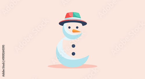 A minimalistic, cartoonish snowman with a colorful hat on a pale background