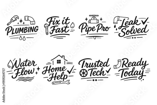 Plumbing service logos collection featuring tools and water elements