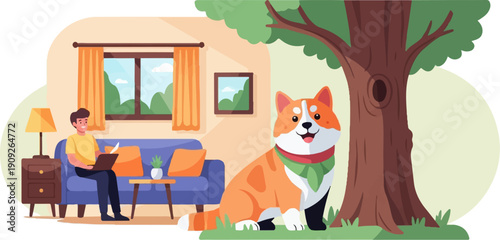 A man works on a laptop near a dog sitting by a tree