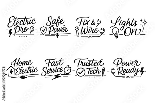 Electrician service logos: home power, fast repair, trusted tech, lights on