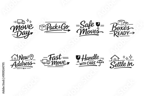 Moving day labels with box icons and motivational text designs