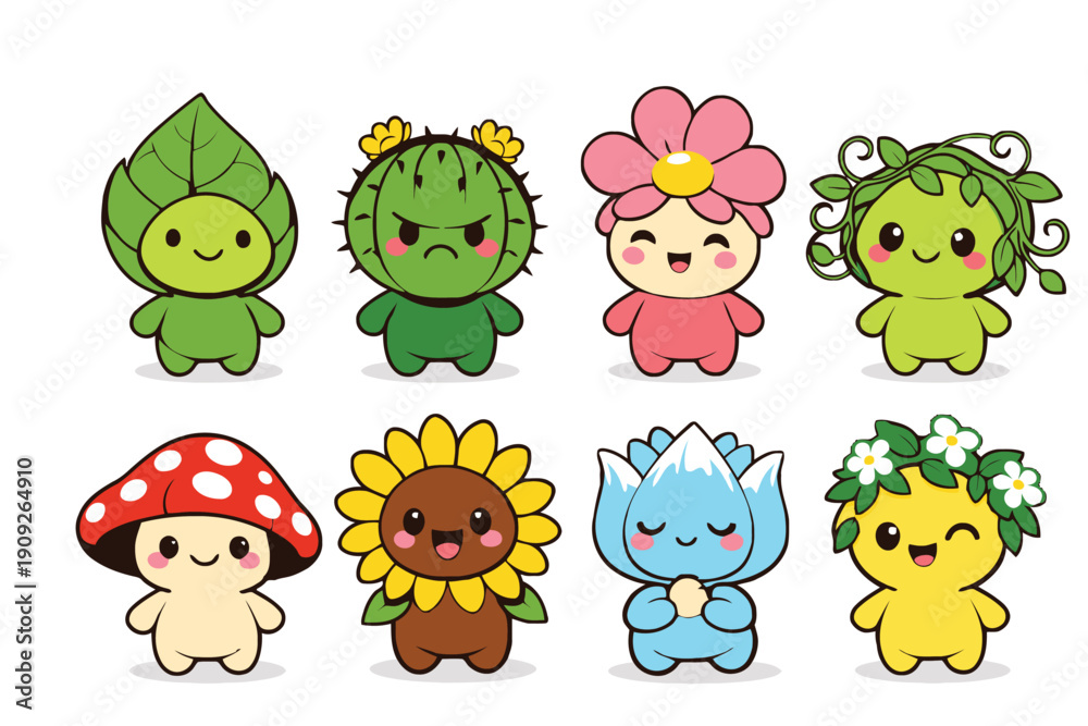 Obraz premium A group of cute cartoon plants and flowers with smiling faces on a white background