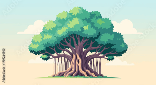 A large, ancient banyan tree with aerial roots and a lush green canopy