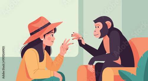 A person and a chimpanzee interact, gesturing with their hands