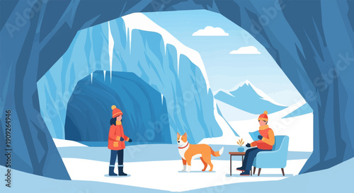 A person and dog explore a snowy cave entrance, another rests indoors