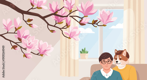 A person and dog sit indoors near a window, with flowers blooming outside