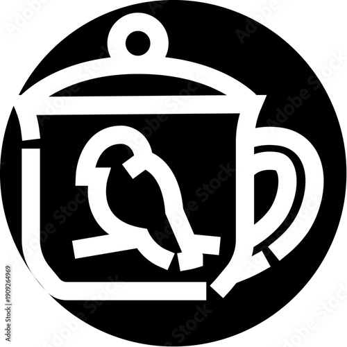 Minimalist bird outline illustration resting inside a teacup profile, creating a conceptual emblem of tranquility and warmth against a solid black background