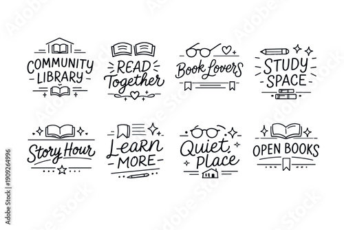 Hand-drawn library icons featuring books, reading glasses, and educational themes