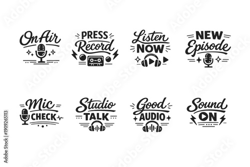 Podcast icon set: microphone, cassette, headphones, sound waves, text art