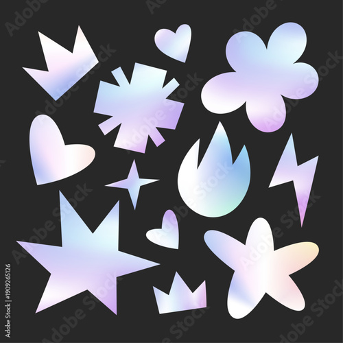 Vector illustration of abstract holographic shapes on a dark background. Futuristic design featuring iridescent gradients and cyber aesthetic. Perfect for modern, digital, and Y2K techno visuals