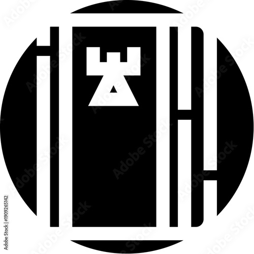 Monochromatic circular design featuring a bold geometric structure resembling a futuristic door or portal, combining simplicity and symmetry with modern sci fi inspired elements