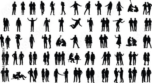 Large people silhouettes collection, human interactions gestures activities poses, social lifestyle scenes, men women groups, isolated black figures set