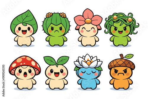 A group of cute cartoon characters with different plant and flower heads smiling