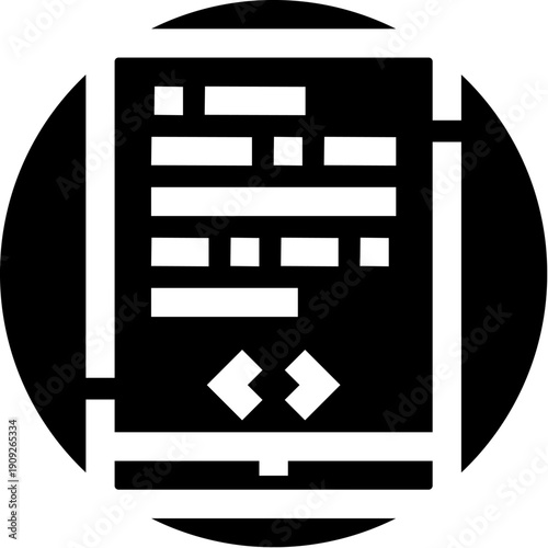 Software code document icon appearing in a black circular frame, symbolizing programming, digital development, web creation, and scripting for modern applications and technology