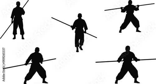 Martial arts warrior silhouettes with staff fighting poses traditional combat training black white vector illustration isolated design set