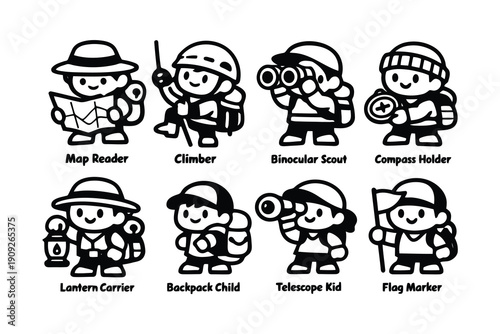 A group of cartoon children dressed as explorers with various adventure gear and tools.