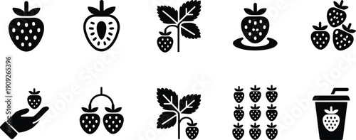 Silhouette illustration of strawberry icons including whole fruit, cross-section, plant leaves, grouped berries, hand holding strawberry, beverage cup, and decorative designs for food, nature, and bra