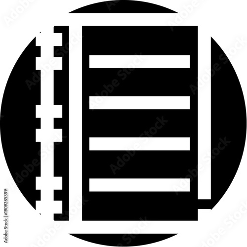 Notebook icon with spiral binding and lined pages illustrating concepts of education, writing, note taking, organization, and office supplies in a black and white graphic design