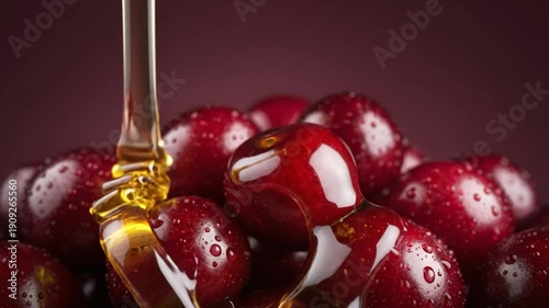 Close up of juicy fresh ripe cherry berries. Cherries berries pours thick honey.