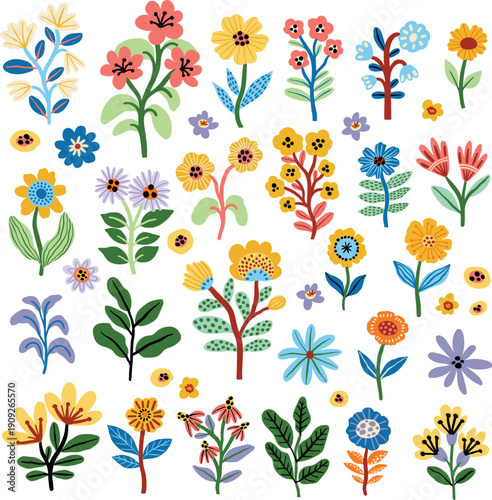 Big set of hand drawn folk style flowers, leaves and botanical elements. Perfect for patterns, branding, packaging, textiles and seasonal designs.