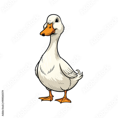 Cartoon white duck standing proudly with orange beak and feet on white background