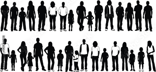 People silhouettes collection showing men women and children standing together, diverse family crowd poses, black vector illustration isolated white background