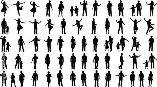 People silhouettes collection showing men women and children in various poses, walking standing jumping actions, black vector illustration isolated white background