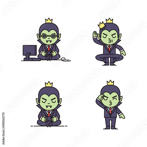 Cartoon vampire businessman in various yoga poses with crown, modern office concept