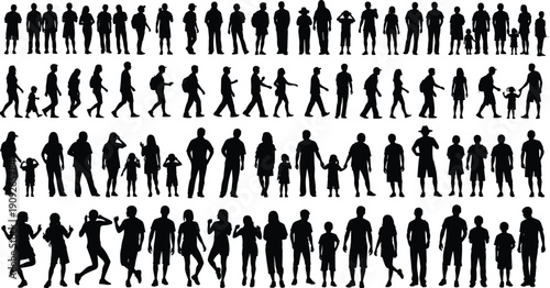 People silhouettes collection showing men women children families walking standing dancing gestures, diverse crowd poses, black vector illustration isolated background