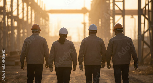 Fotografie Four construction workers in hard hats walking towards the sunrise at an industr
