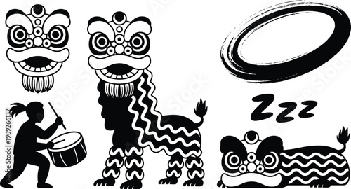 Silhouette illustration of traditional Chinese lion dance with drummer, lion heads, full lion body, sleeping lion, and Zen brushstroke for culture, festival, and artistic design