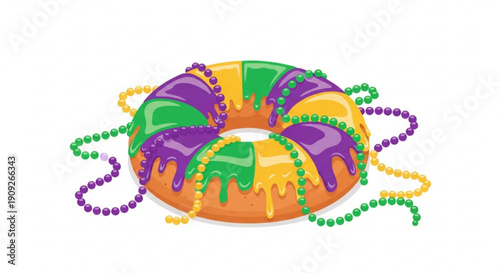 Colorful king cake with purple green and gold icing and beads for mardi gras celebration