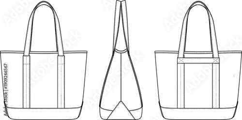 Tote bag technical flat sketch showing front side and back views with handle and panel details for product design template
