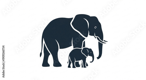Mother elephant and baby walking together in profile view
