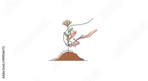 A delicate flower blooms on a mound of earth with green leaves and pink petals