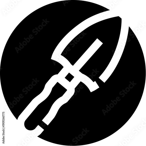 Gardening hand tools, a spade and a trowel, creating a clean black and white icon in a circular design, representing agriculture, hobby, and cultivation concepts